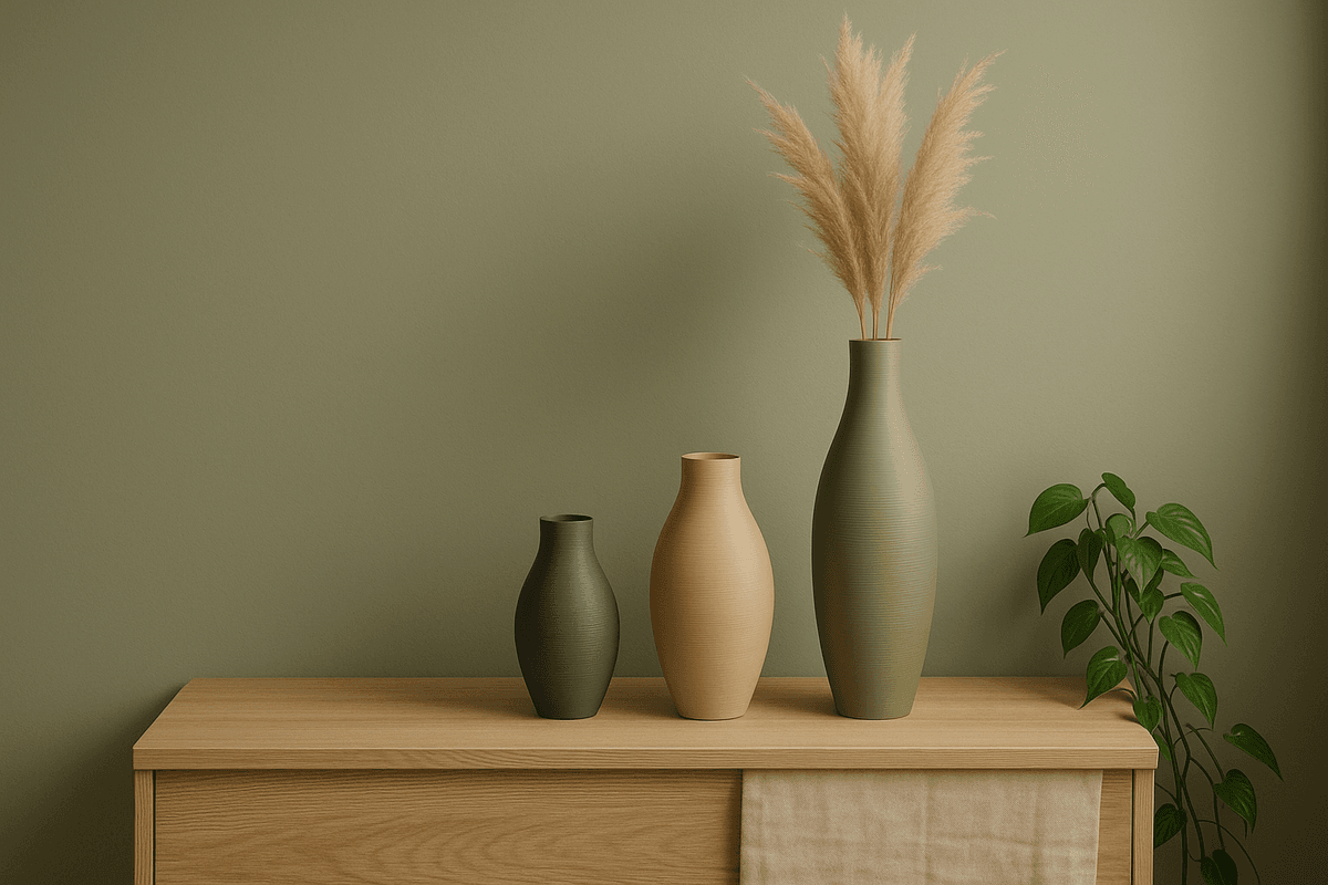 Vasi decorativi in ceramica con piante su tavolo di legno